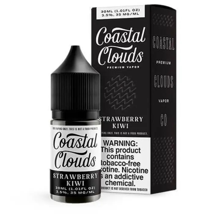 Bottle of Coastal Clouds e-liquid in Strawberry Kiwi flavor with its packaging.