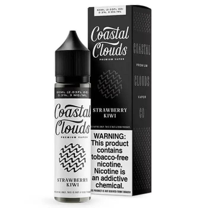 E-liquid bottle and packaging for ’Coastal Clouds’ brand in Strawberry Kiwi flavor.