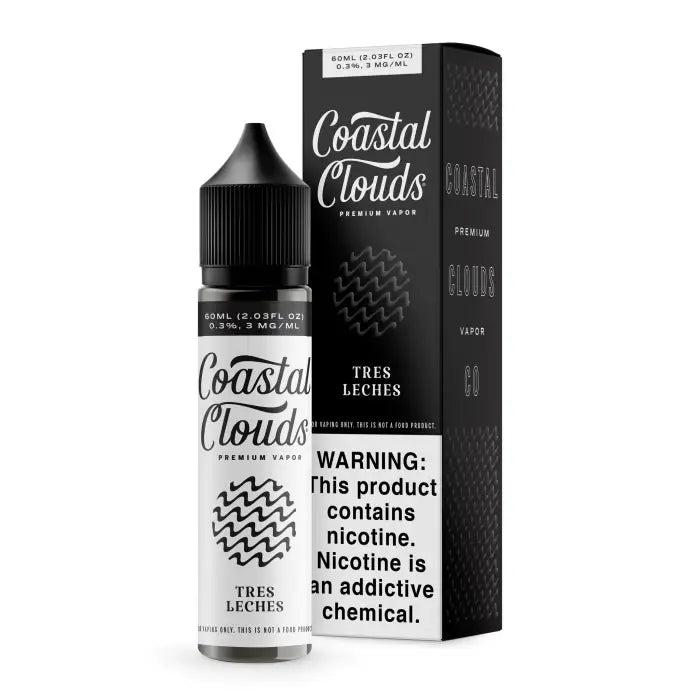 E-liquid bottle and packaging for ’Coastal Clouds’ brand in the flavor ’Tres Leches’.