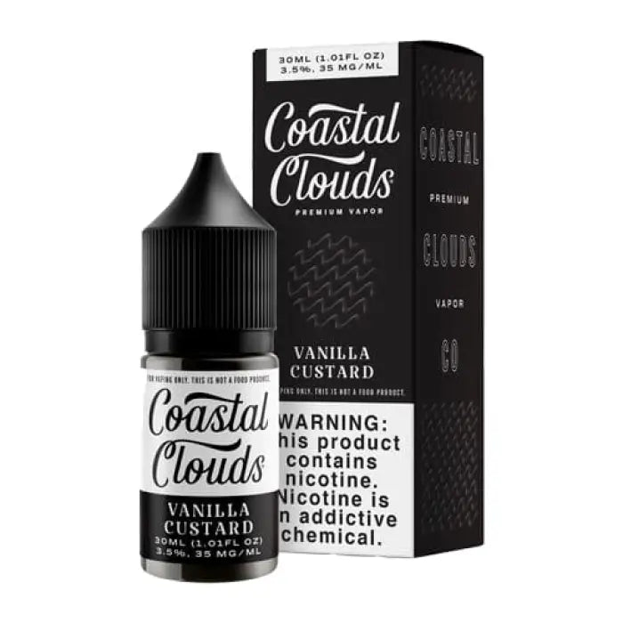 Bottle of Coastal Clouds Vanilla Custard e-liquid with its packaging box.