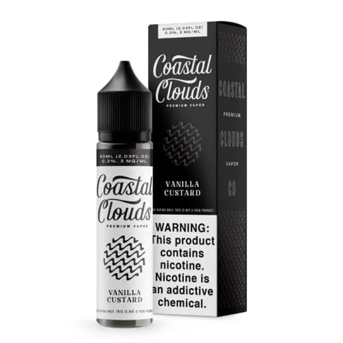 E-liquid bottle and packaging for Coastal Clouds’ Vanilla Custard flavor.