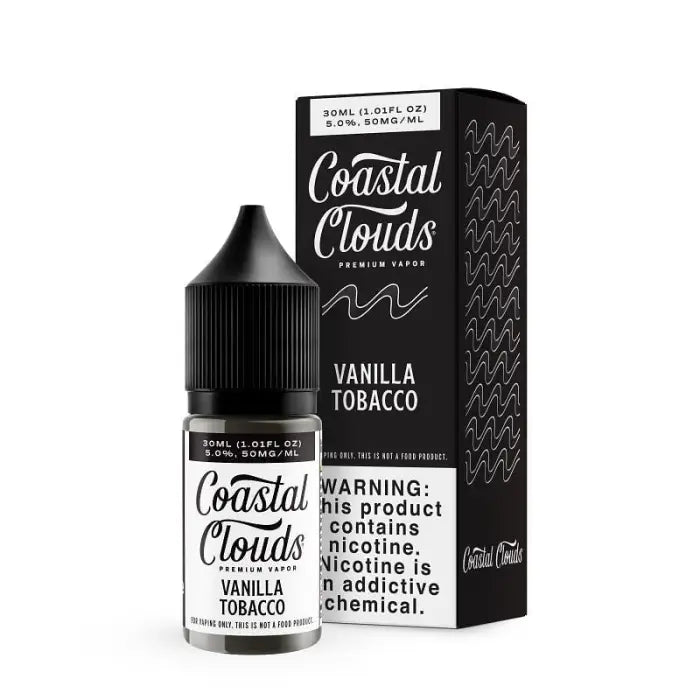 E-liquid bottle and packaging for Coastal Clouds Vanilla Tobacco flavor.