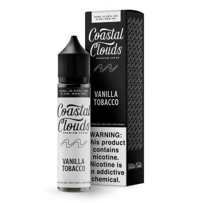 E-liquid bottle and packaging for Coastal Clouds’ Vanilla Tobacco flavor.