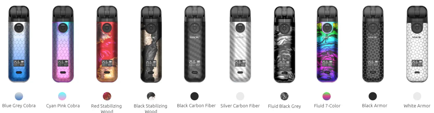 Collection of Smok Novo 4 25W Pod Kit devices with colorful designs and LP1 meshed patterns.