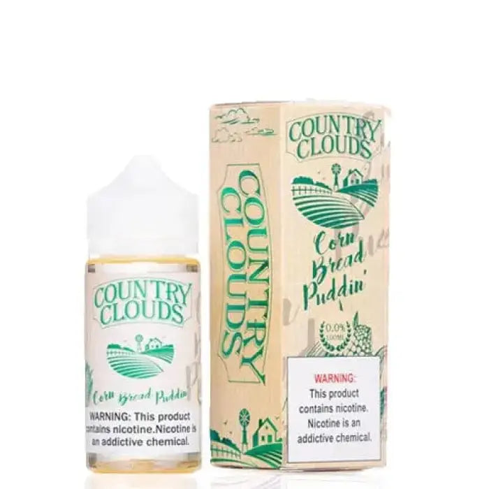 Bottle of e-liquid labeled ’Country Clouds’ with green text and farm imagery on the packaging.