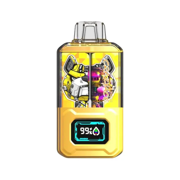 Electronic vaping device with a yellow body, clear tank showing colorful liquid, and a digital display showing 99%.