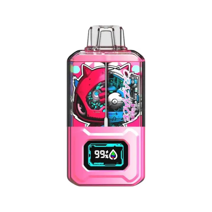 Pink electronic vaping device with a colorful liquid chamber and digital display.