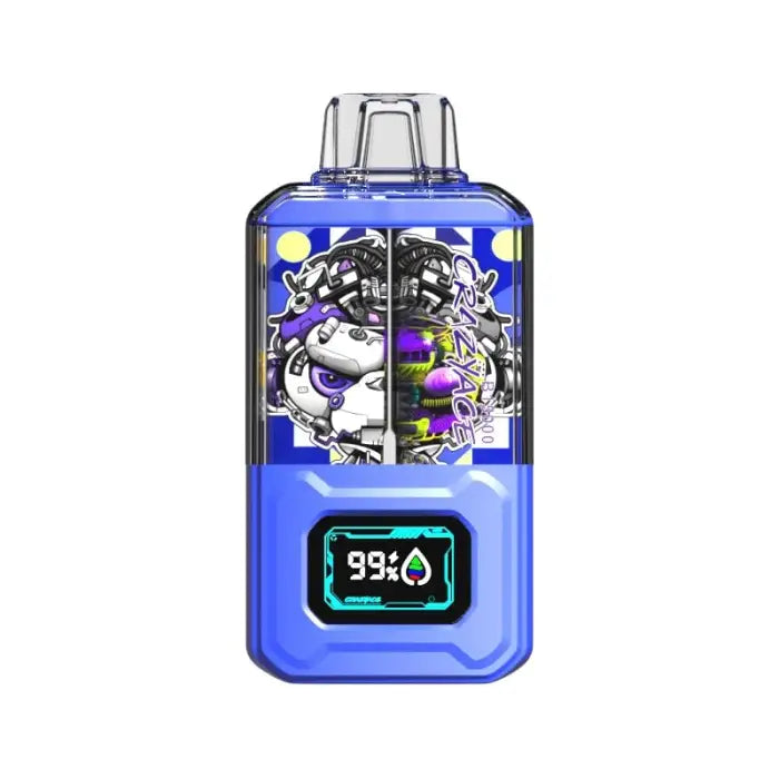 Electronic vaping device with a blue body, decorative skull design, and digital display showing 99%.