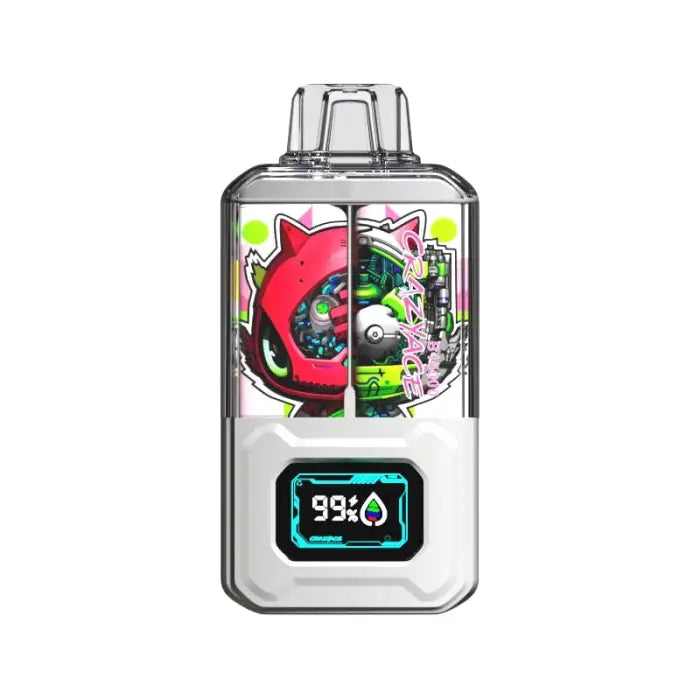 Electronic vaping device with a colorful, artistic display panel and digital screen showing ’99%’.