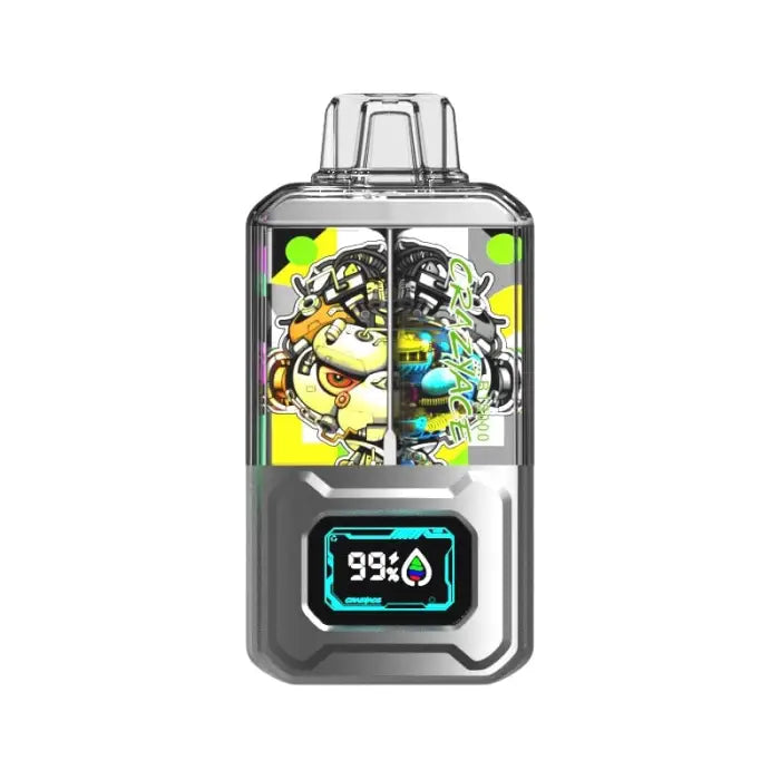 Electronic vaping device with a colorful cartoon-style graphic display and digital readout showing 99%.