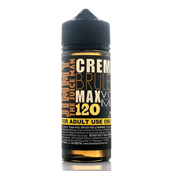 Black bottle of e-liquid labeled ’Creme Brulee Max 120’’ for vaping.