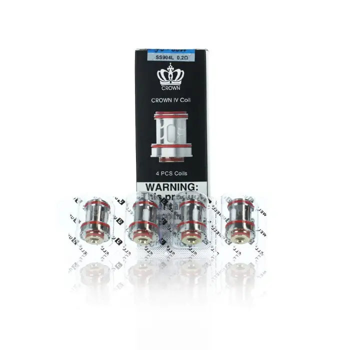 Vaping coil pack with four individual coils displayed in front of the product box.