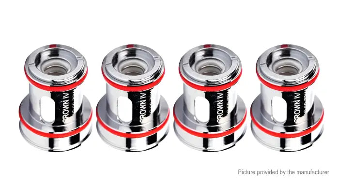 Set of four vaping coils or atomizer heads with red o-rings.