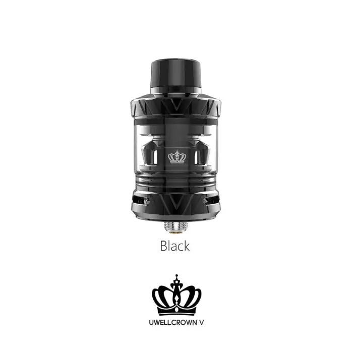 Black vaping tank atomizer with a crown logo.