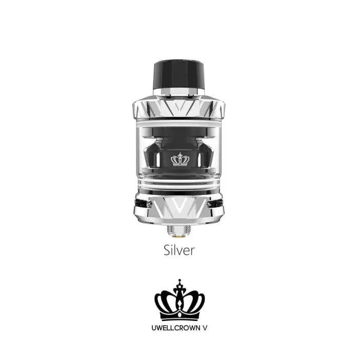 Silver-colored vaping tank or atomizer with a crown logo.