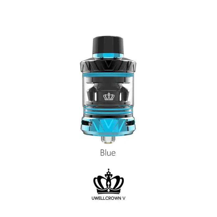 Blue and black vaping tank or atomizer with a crown logo.