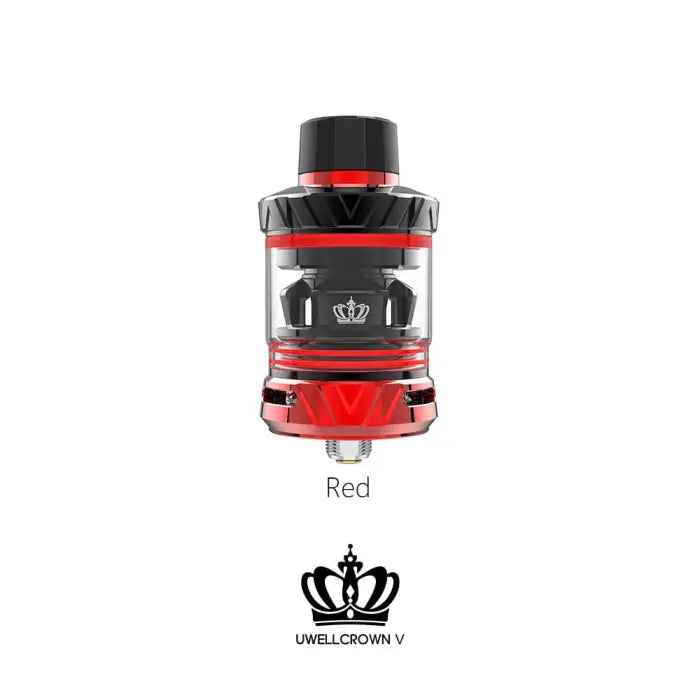 Red and black vaping tank or atomizer with a crown logo.