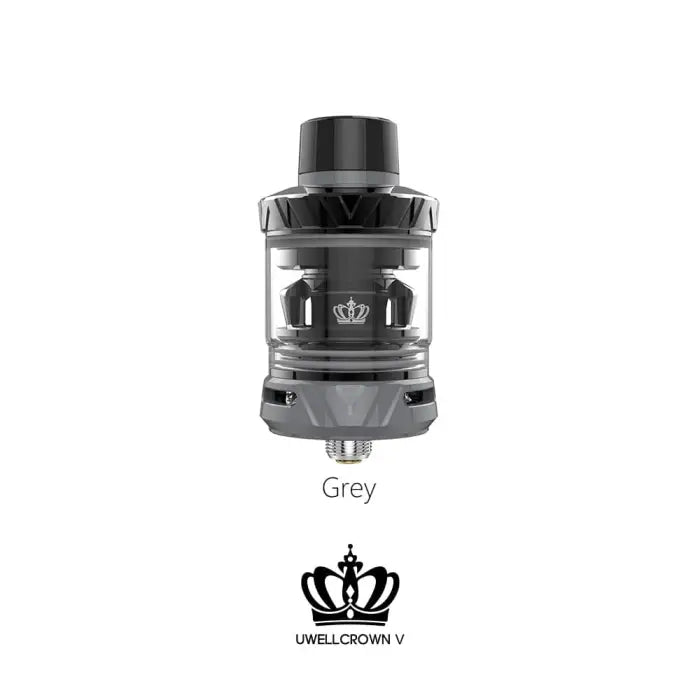 Grey vaping tank or atomizer with a crown logo.