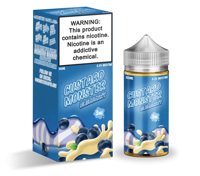 E-liquid bottle and packaging for a flavor called ’Custard Monster Blueberry’.