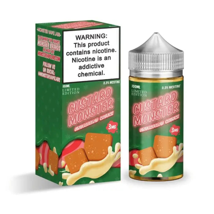 E-liquid bottle and packaging for a custard monster-flavored vape juice product.