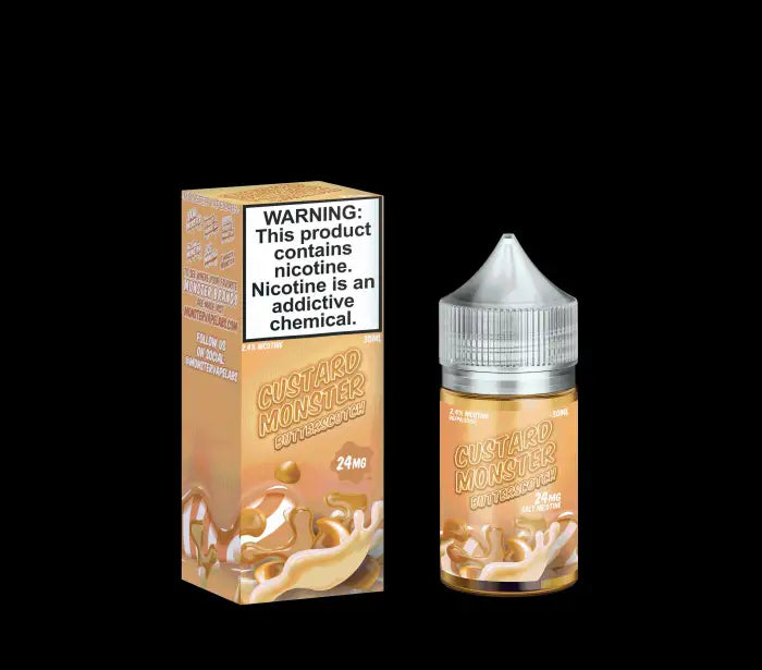 E-liquid bottle and packaging for a caramel-flavored vaping product with nicotine warning label.