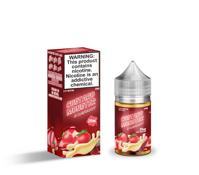 E-liquid bottle and packaging for a custard monster flavor vape juice product.