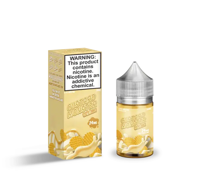 Bottle of banana-flavored e-liquid or vape juice with its packaging box.