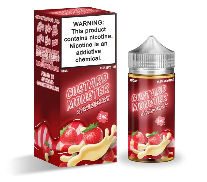 E-liquid bottle and packaging for ’Custard Monster’ strawberry banana flavor, featuring a nicotine warning label.