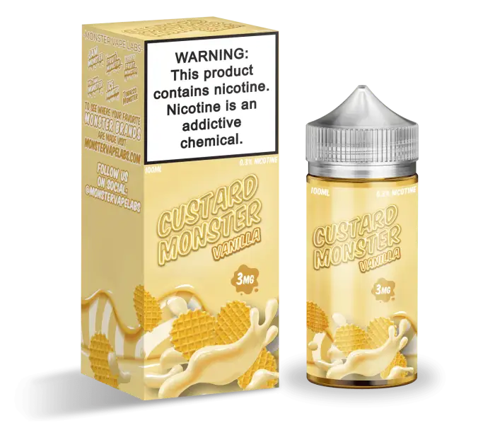 E-liquid bottle and packaging for ’Custard Monster’ vape juice flavor.