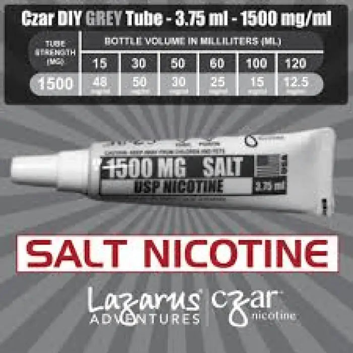 Tube of salt nicotine e-liquid labeled ’1500 MG SALT USP NICOTINE’.