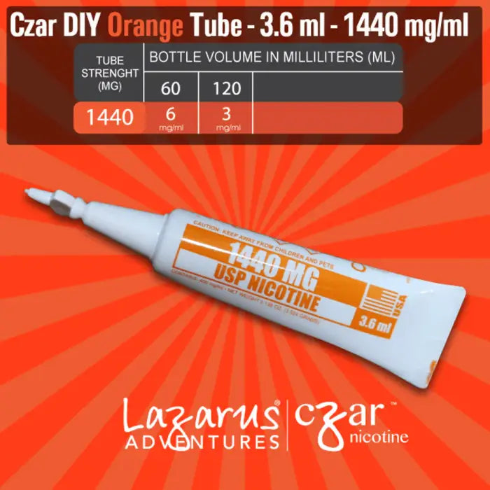 Orange and white tube of concentrated nicotine liquid labeled ’Czar DIY Orange Tube’.