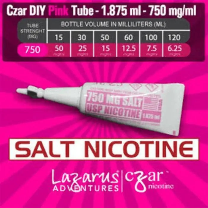 White tube containing salt nicotine labeled ’750 mg/ml’ with pink text.