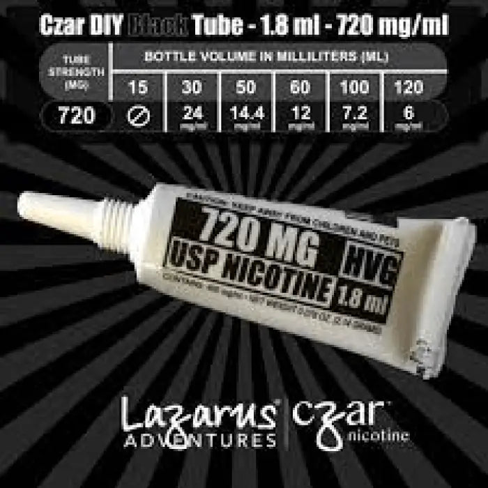 Tube of concentrated nicotine liquid labeled ’120 MG NIC USP NICOTINE 1.8 ml’.