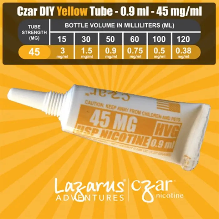 Yellow tube of Czar DIY nicotine concentrate labeled 45 mg strength.