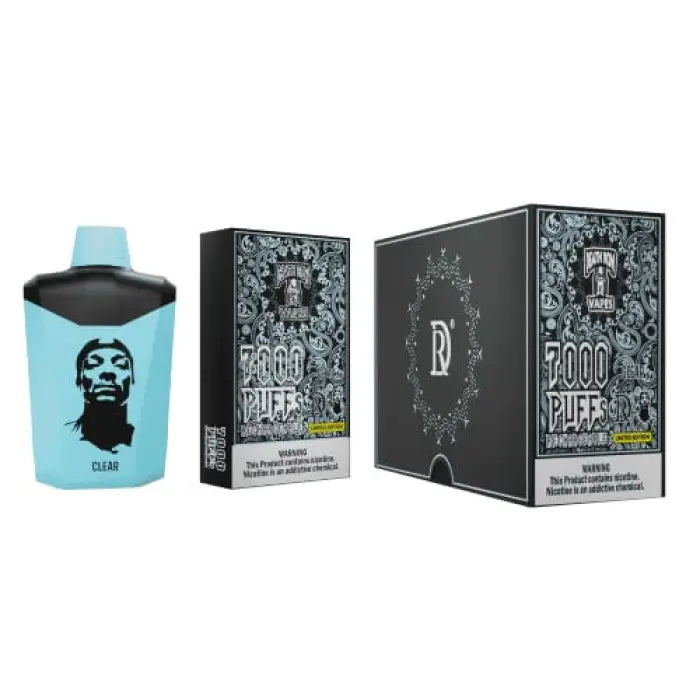 Disposable vape device with packaging featuring intricate black and white designs.