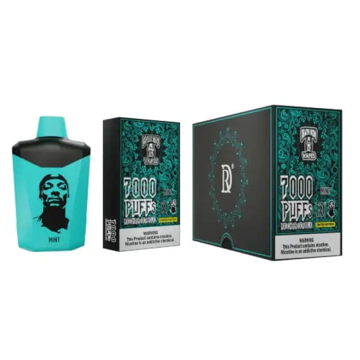 Disposable vape device with turquoise body and packaging featuring ’7000 Puff’ branding.