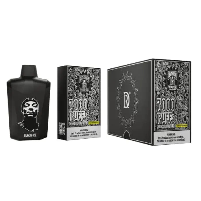 Black bottle with a stylized face graphic alongside vaping product packaging boxes.