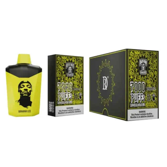 Disposable vape device with packaging featuring green floral designs and a yellow container.