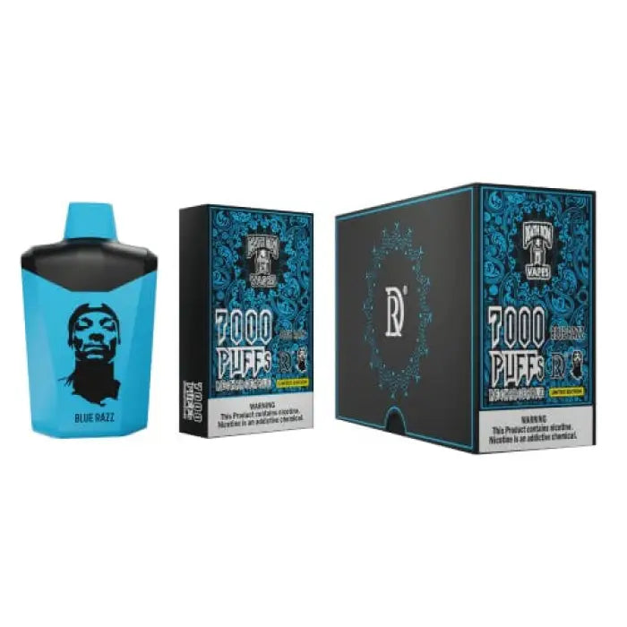 Disposable vape device with blue packaging and a face graphic on the container.