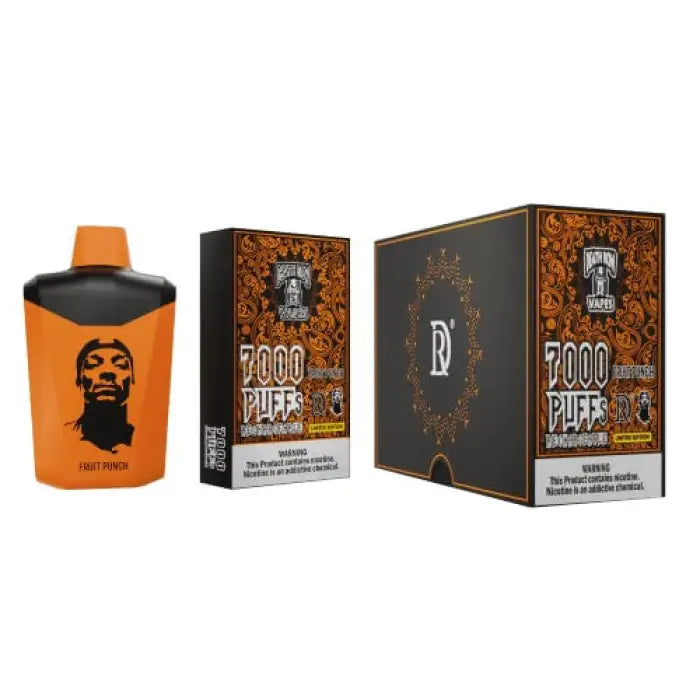 Disposable vape device with orange and black packaging featuring a stylized face graphic.