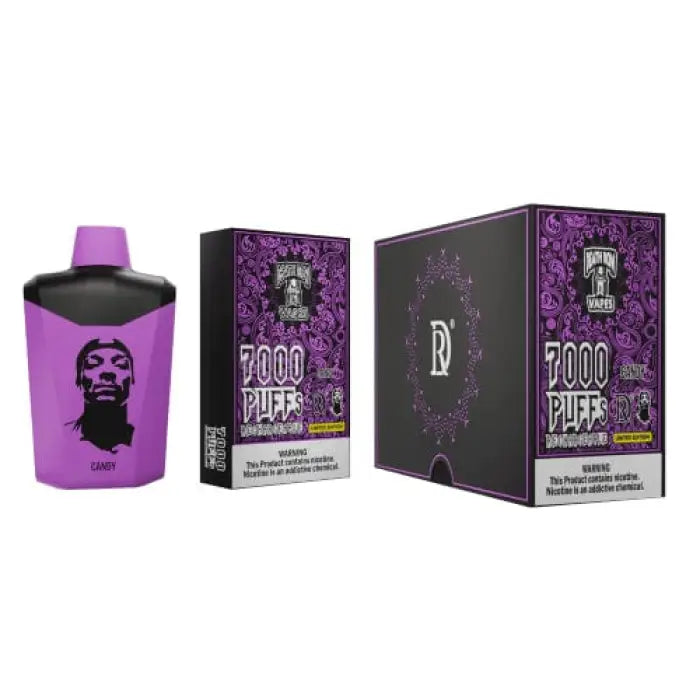 Disposable vape device with purple packaging featuring a stylized face graphic.