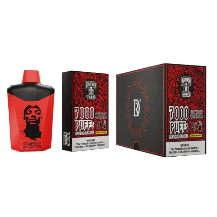 Disposable vape device with red and black packaging featuring a stylized face graphic.