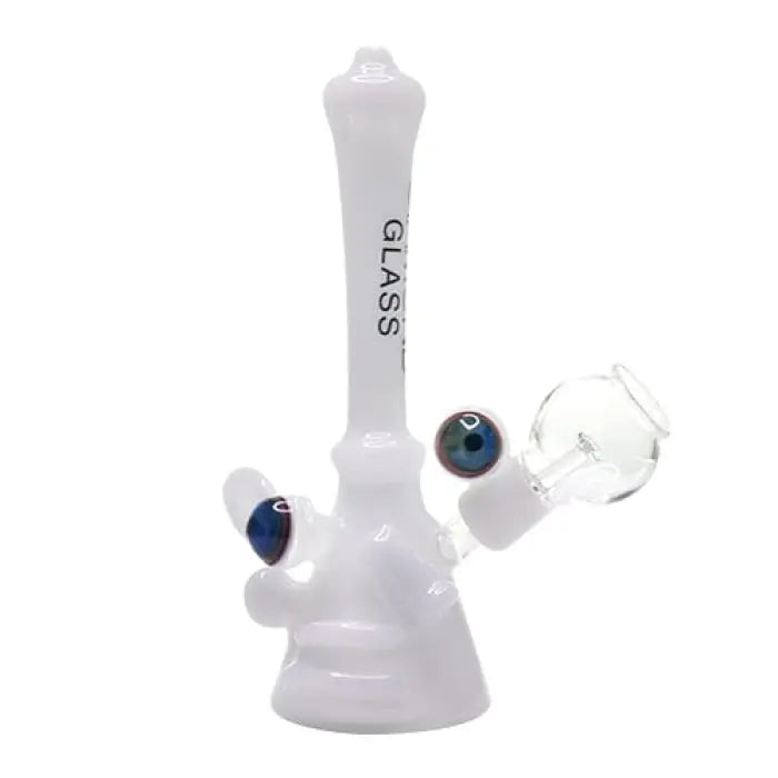 White glass water pipe with decorative blue accents.