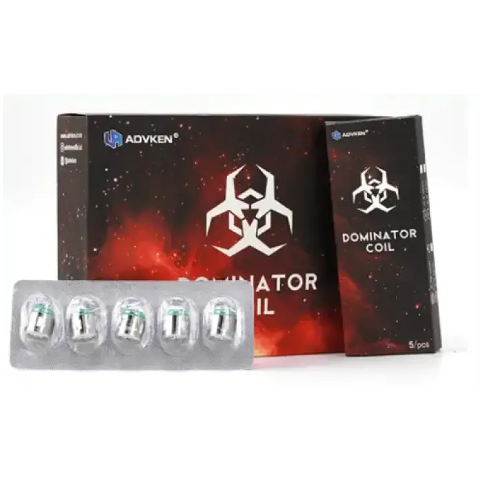 Vaping product package featuring a biohazard symbol and labeled ’Dominator Coil’ with accompanying coils.