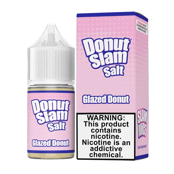 Bottle and packaging of ’Donut Slam Salt’ e-liquid in Glazed Donut flavor.