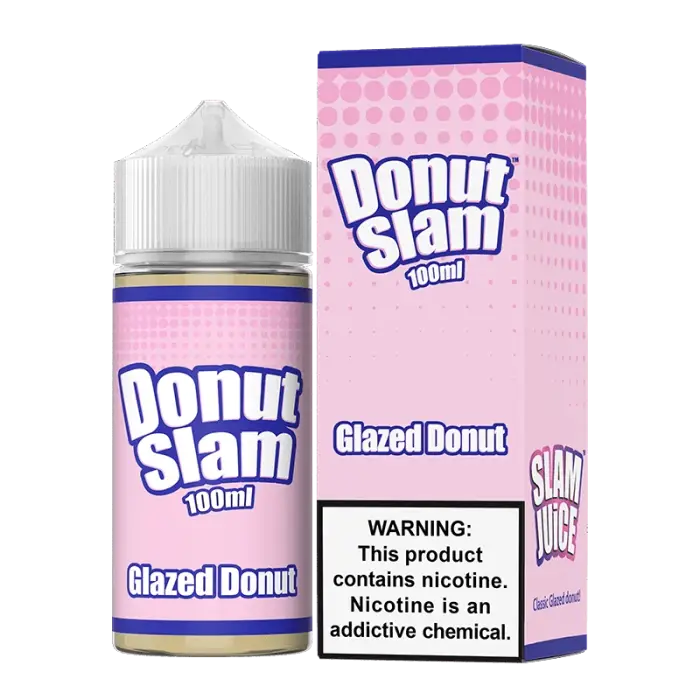 Bottle and packaging for ’Donut Slam’ glazed donut flavored e-liquid.