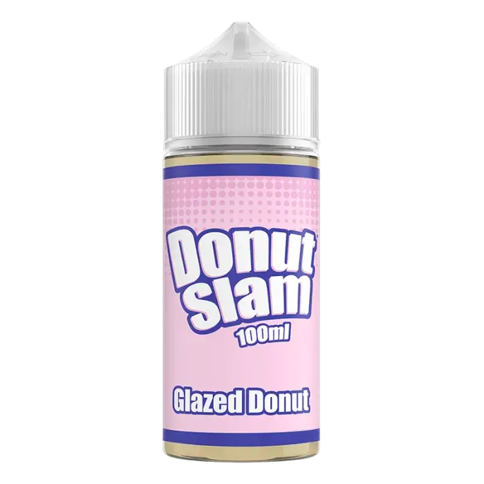 Bottle of e-liquid labeled ’Donut Slam’ with ’Glazed Donut’ flavor.