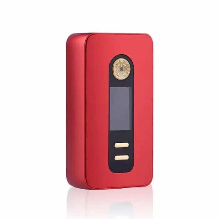 Red electronic vaping device or mod with a display screen and control buttons.