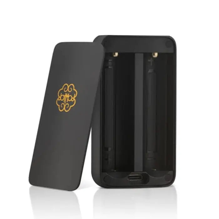 Battery charger with a gold logo on its black cover.