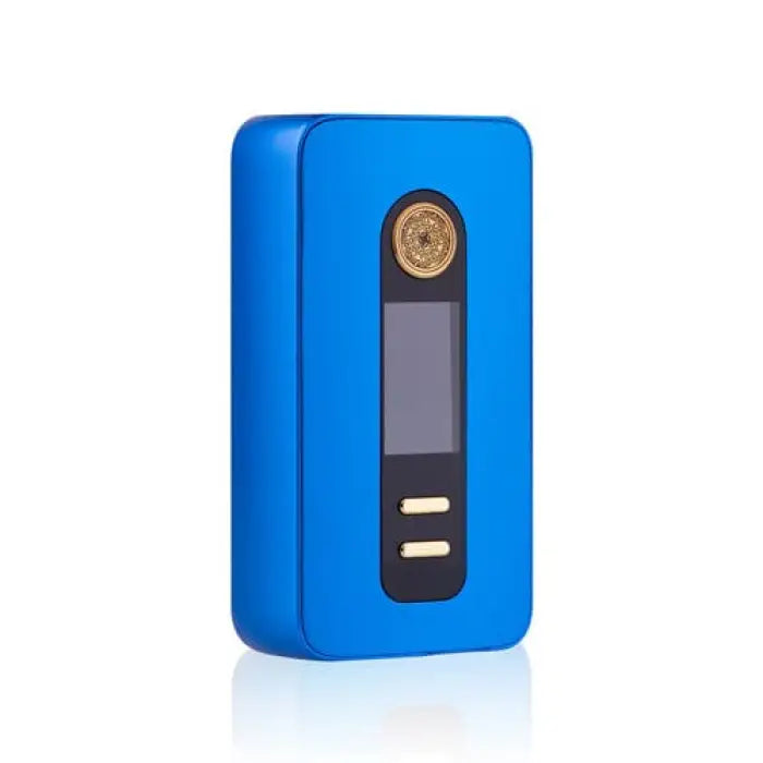 Blue rectangular electronic device with a small screen and two buttons.